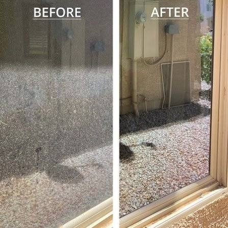Before and after hard water stain removal on a window in Lathrop, CA